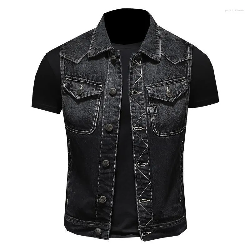 Men's Vests Men's Brand BONJEAN Mens Black Motorcycle Denim Vest Spring Autumn Classic Sleeveless Biker Jean Jacket Men Slim Fit Casual