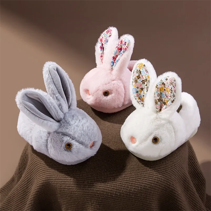 Pantoufle mignon lapin blanc pantoufles enfants fourrure mocassins maison chaussures chaudes enfant garçon diapositives peluches bambin filles chausson 220919