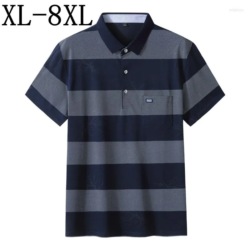 Herrpolos 8xl 7xl 6xl Summer randig skjorta m￤n bekv￤m andningsbar homme casual mens skjortor med fickor camisa maskulina