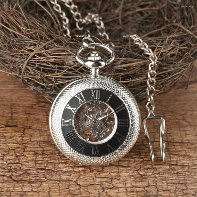 Pocket horloges zilver/zwart mechanisch handwikkeling horloge Romeinse cijfers holle transparante handmatige machines hanger Retro Clock