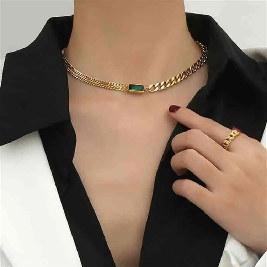 14K vergulde roestvrijstalen stalen dubbele Cubaanse ketting ketting voor vrouwen Punk Hip Hop Stackable Choker Jewelry220Q