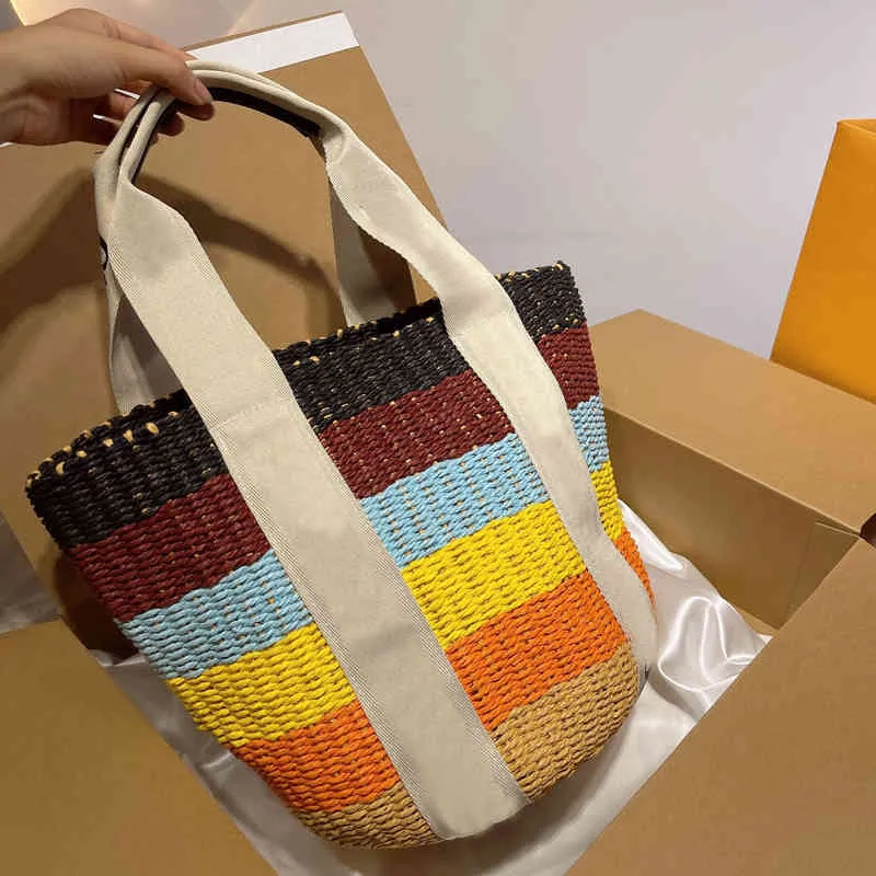 Totes Summer Straw Bucket Women Designer Handbags Woven Rainbow Tote Beach Handbag Lady Crossbody Bags Vocation Purses 220704