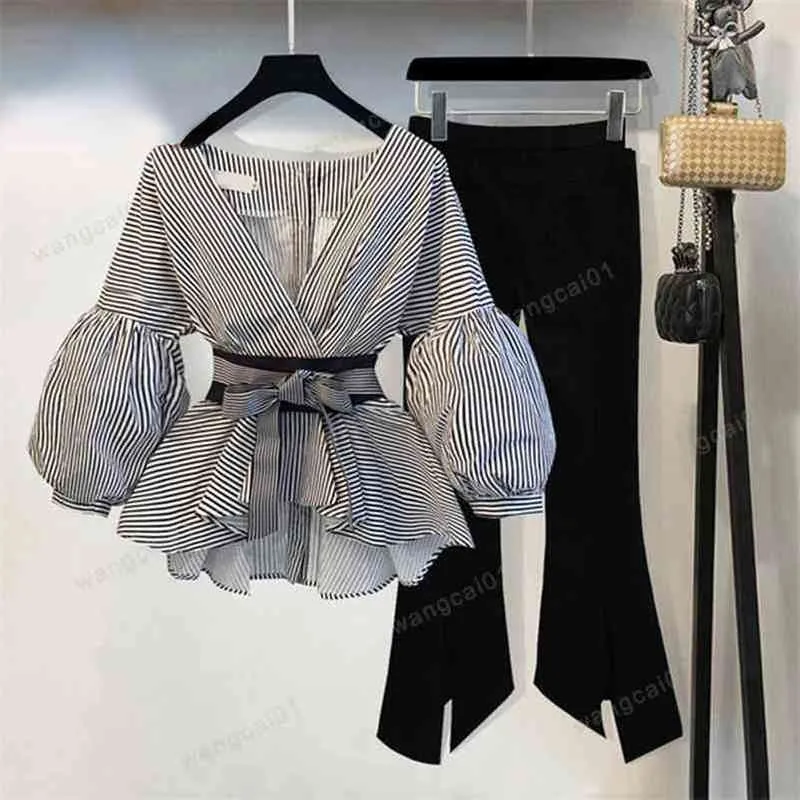 Women's Two Piece Pants Spring Summer 2 Pcs Suits Women's Striped Bow Lantern Seve Blouse & Black Split Flare Seve Pants Set S-3XL 0919H