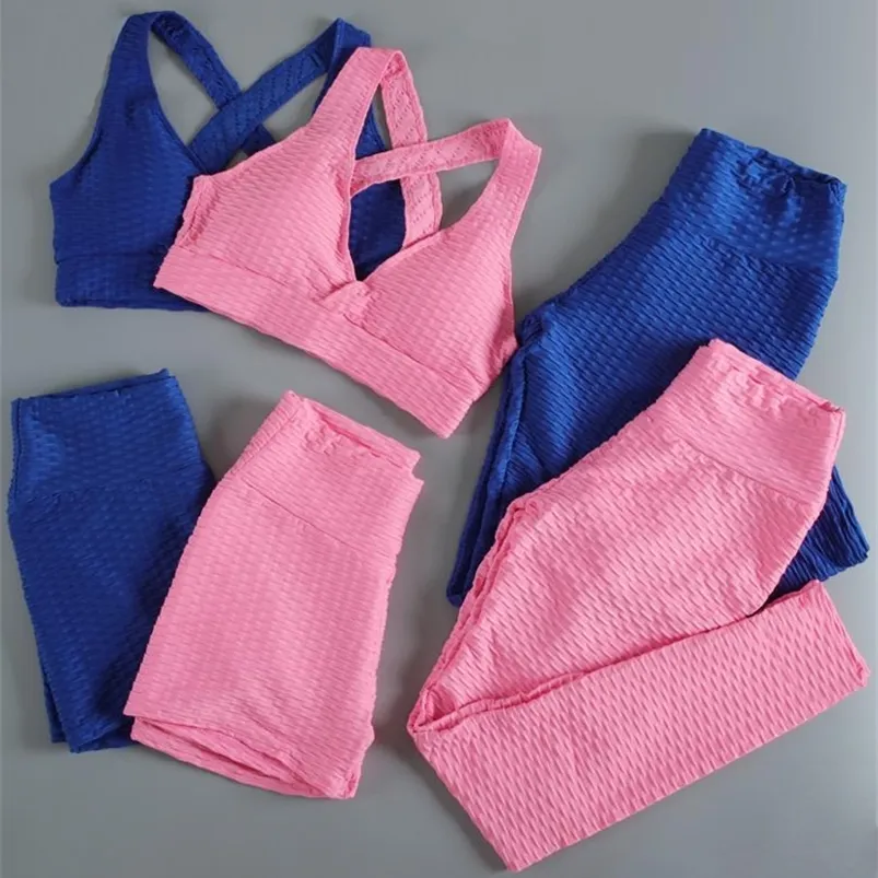 Frauen Zweiteilige Hosen Anti Cellulit 3 Set Gym Sets Crop Top Und Fitness Leggings Sport Shorts Trainingsanzug Sport anzug 220919