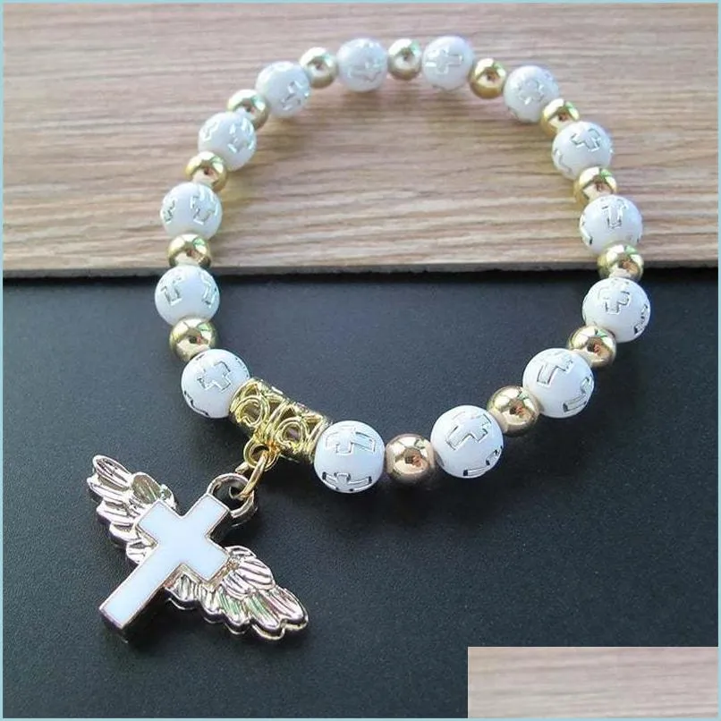 Bracelets de charme ângulo de miçanga religiosa asas cruzadas pulseiras Rosário Centro Sagrado Coração de Mary Mercy Jóias Saint São 4523 Q Dhetz