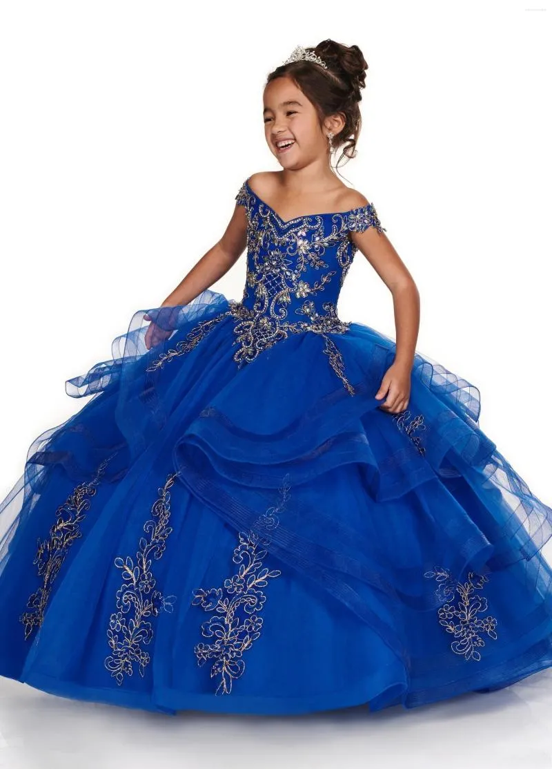 Kız Elbise Yarışması Kraliyet Mavi Parti Balo Için Seksi Kapalı Omuz Korse Aplikler Dantel Örgün Balo Çiçek Kız Elbise