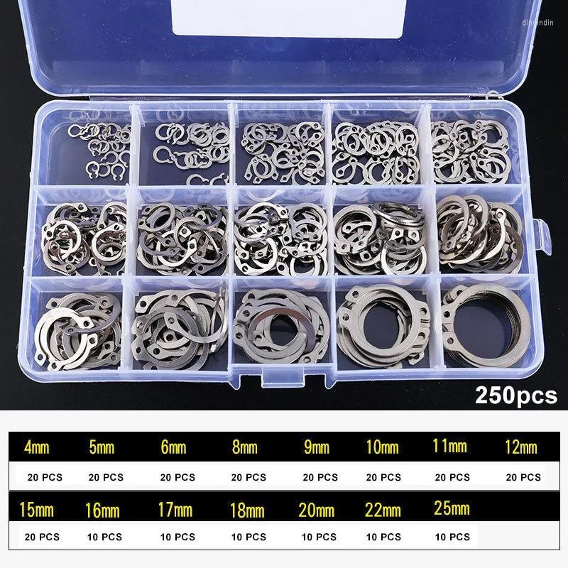 Sacos de armazenamento 150/250pcs 304 Aço inoxidável Kit de variedade de anel de retenção de anel de aço inoxidável 4-25mm 15 tamanhos DNJ998