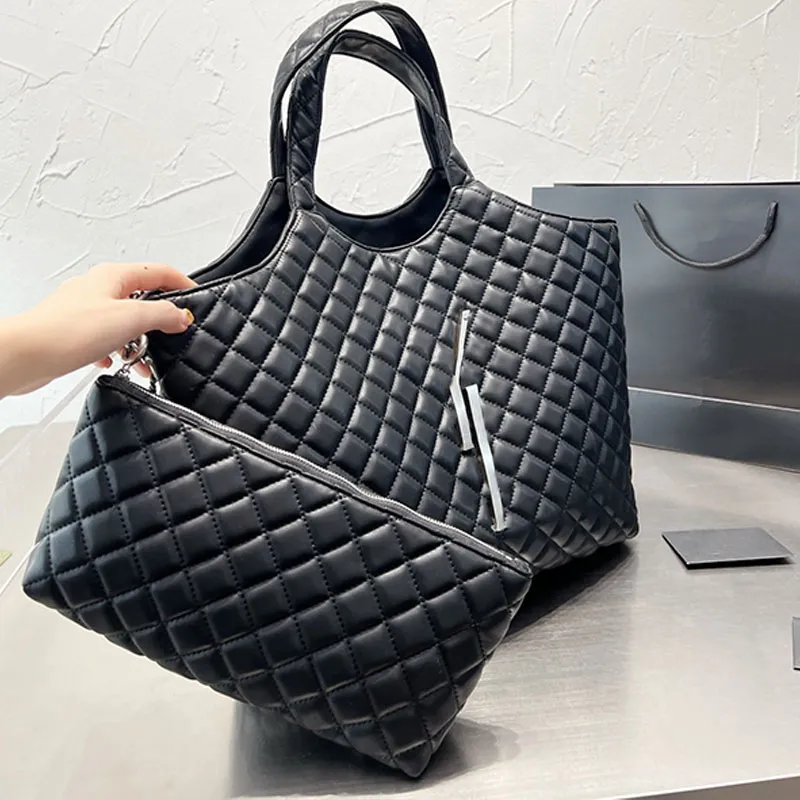 Quilting Totes Bag Big Letter Shopping Bags Fashion Diamond Lattice Épaule Sacs à main Sac à main Grande capacité Femmes Fourre-tout en cuir véritable Sacs à main Zipper Wallet Noir