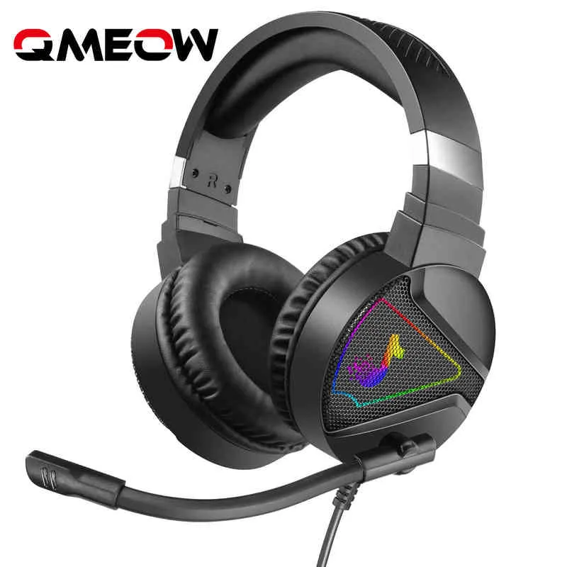 Cuffie QMEOW Cuffie da gioco con LED Cuffie cablate Cuffie stereo HiFi 4D con microfono pieghevole per PC Laptop Gioco di classe online T220916