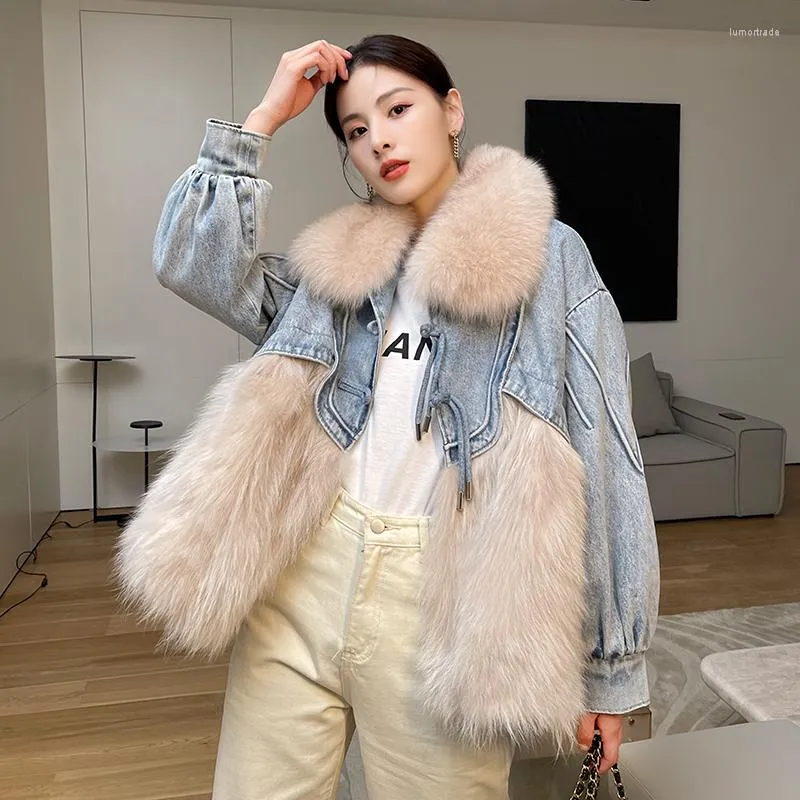 Женский мех мех осень и зимний слабый Fit Ladies Denim Jacket Parka Женщины настоящие шкафы куртки Parkas QP01