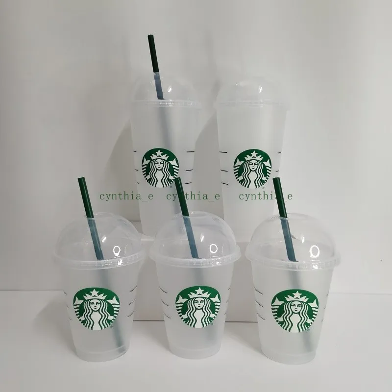 16OZ Starbucks Dome Cover Vaso de plástico Reutilizable Claro Beber Copa de fondo plano Forma de pilar Tapa Taza de paja Bardian Green Straws