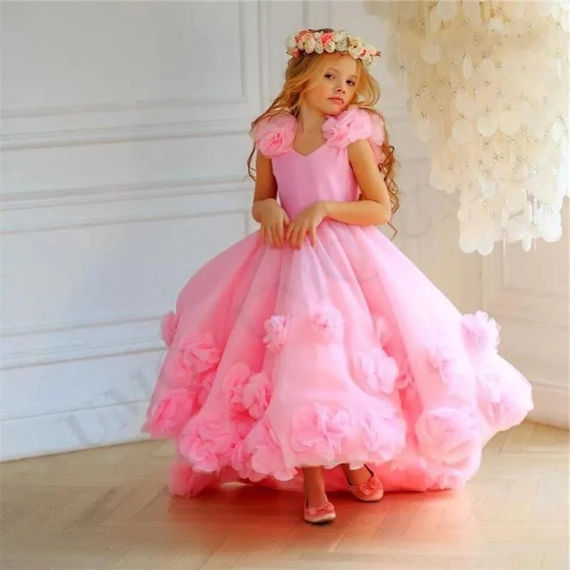 Lovely Pink Flower Girls Dresses V Neck Tulle Cap Sleeves Hand Made Flowers High Low Sweep Train Kids Birthday Girl Pageant Gowns Open Back 403