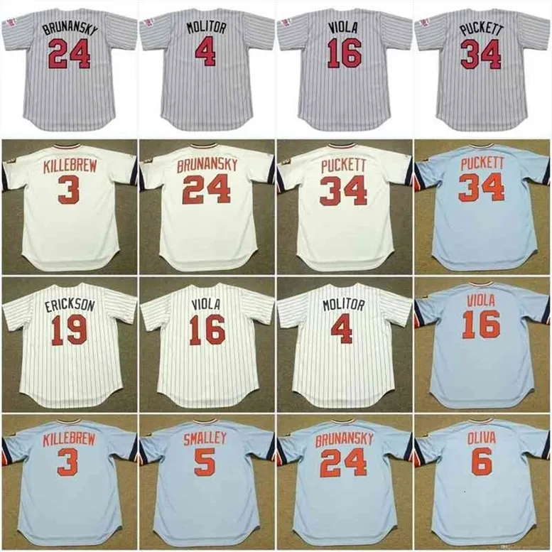 GlaC202 Minnesota 34 KIRBY PUCKETT 1984 3 HARMON KILLEBREW 5 ROY SMALLEY 6 TONY OLIVA 16 FRANK VIOLA 24 TOM BRUNANSKY Vintage Baseball Jersey