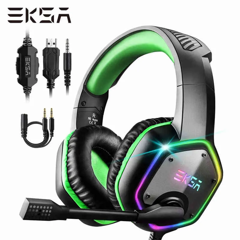 Fones de ouvido EKSA E1000S Games Gamer Gamer de 3,5 mm fones de ouvido com fio com ruído de microfone cancelando a luz RGB para PC/PS4/Xbox One T220916