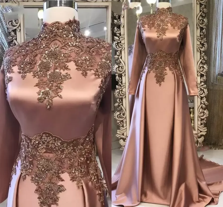 Marron Dubaï Arabe Musulman Manches Longues Robes De Soirée Perlée Dentelle Appliques Satin Robe De Bal Formelle Robes De Soirée Sur Mesure BC14472