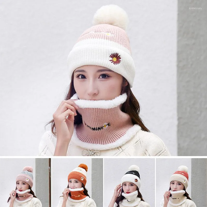 Berets Winter Warmer Coral Fleece Scarf Hats For Women Beanies brei chrysanthemum caps tweedelig pak