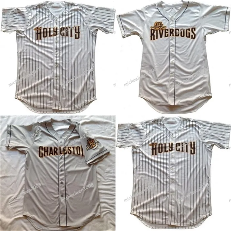 GlaMitNess Hommes Charleston RiverDogs Blanc Gris Personnalisé Chemises À Double Couture Maillots De Baseball De Haute Qualité Livraison Rapide
