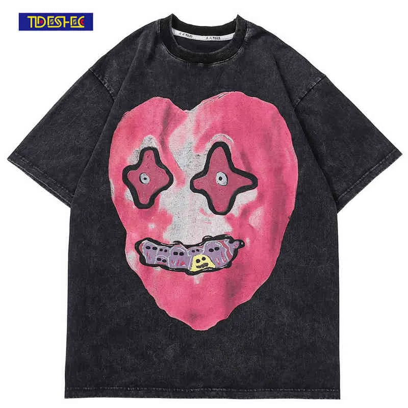 Men's T-Shirts 2022 Kaus Pria Hip Hop Dicuci Kaus Gambar Cetak Monster Hati Lucu Streetwear Atasan Lengan Pendek Harajuku Kaus Katun Kasual T220909