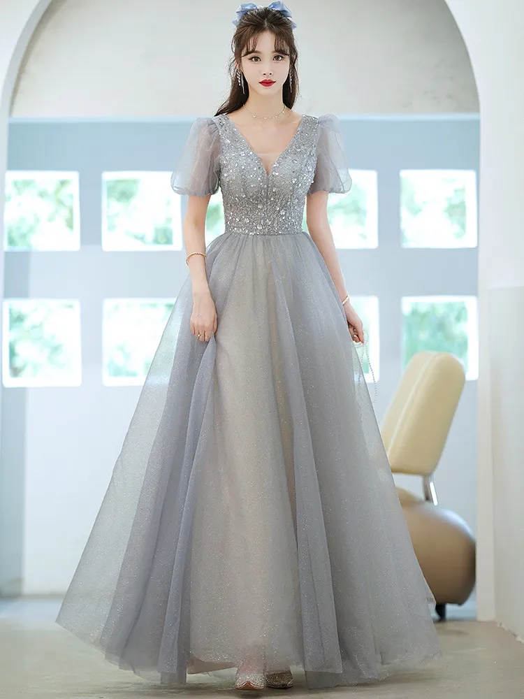 Fancy Gray Evening Dresses V-Neck Short Sleeves Lace-up Back Floor Length Prom Gowns