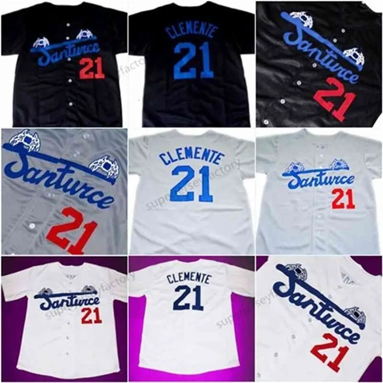 GlaA3740 Moda Uomo Santurce Crabbers Puerto Rico Roberto Clemente Jersey 21 Camicie da baseball cucite a buon mercato nero bianco grigio