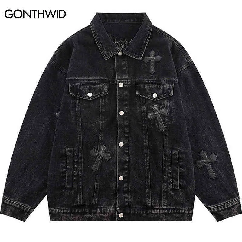 Herrjackor Hip Hop Denim Bomber Jacket Streetwear Vintage Brodery Letter Jean Coat 2022 Harajuku Casual Cotton Distressed Wash Jackets T220914