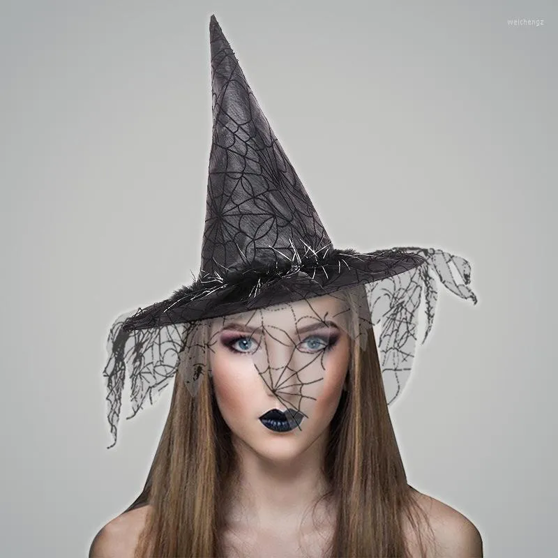 Berretti Halloween Party Witch Hats Mesh Fashion Women Masquerade Cosplay Magic Wizard Cap per abbigliamento Puntelli Trucco Cappello da secchio