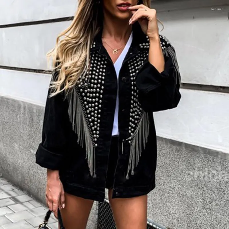 Jaquetas femininas tassel tassel rebite jaqueta jeans women tops outono primavera preto cool outwearwear punk 2022 moda manga longa solta xl