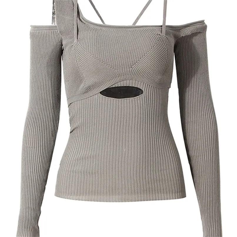 Kvinnors tröjor Eam Hollow Out Grey Knitting Sweater Löst fit snedstreck Långärmad kvinnor Pullovers Fashion Autumn Winter 1DD2267 220916