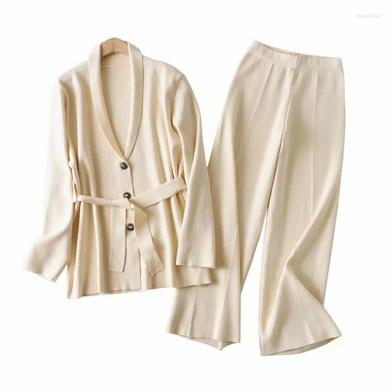 Women's Two Piece Pants 2022 Set Women Knit Cardigan Long Sleeve Sweater Coat Wide Leg Sets Elegant V-neck Jacket Trousers Outfits