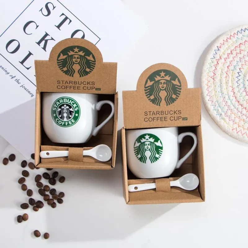 Coffee Mug Setss 180ml Starbucks Coffee Cup With Spoon White Ceramic