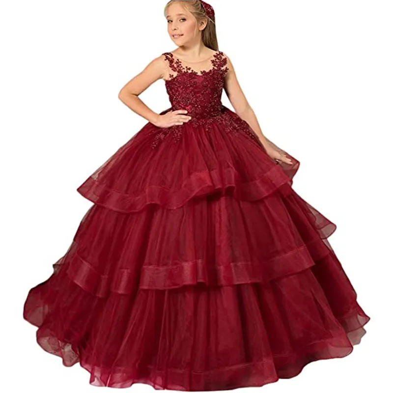 Söt prinsessan Flower Girls Dresses Wedding Off Shoulder Long Lace Pärlor Tulle Puffy Ruffles Party Children For Birthday Girl Pageant Gowns 403