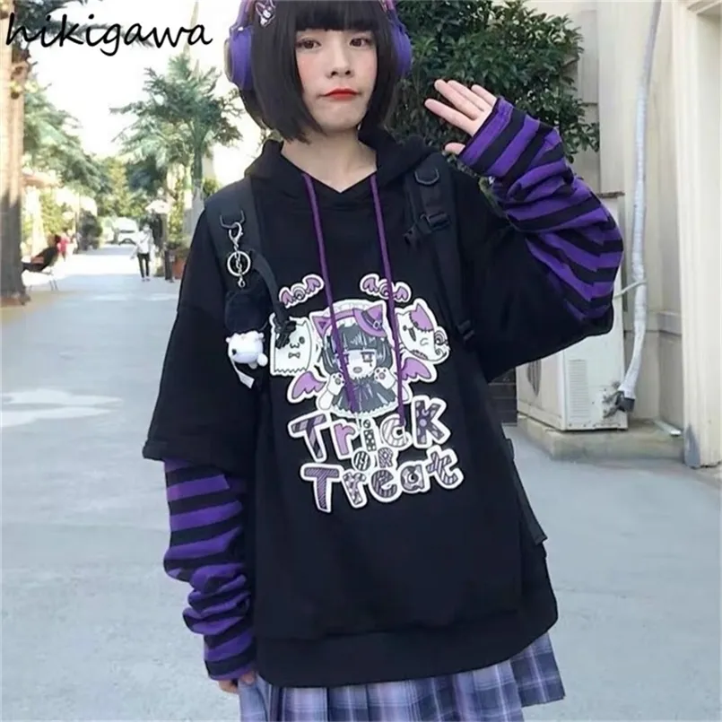 Kvinnors hoodies tröjor Hikigawa hoodie falska tvådelar huva tröja randiga lapptäcke huvtröjor kvinnor kläder för tonåringar y2k anime harajuku svarta toppar 220919