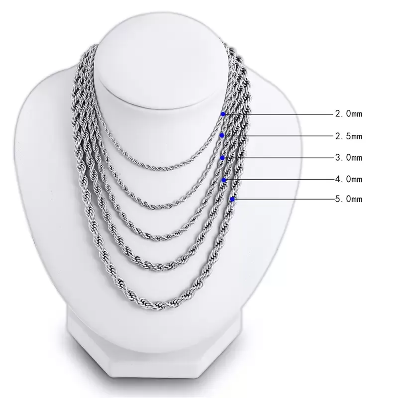 Stainless Steel Rope Chain Necklace 2-5mm Never Fade Waterproof Choker Necklaces Men Women Twist Hip Hop Jewelry 316L Silver Chains Gifts 18-24 Inches