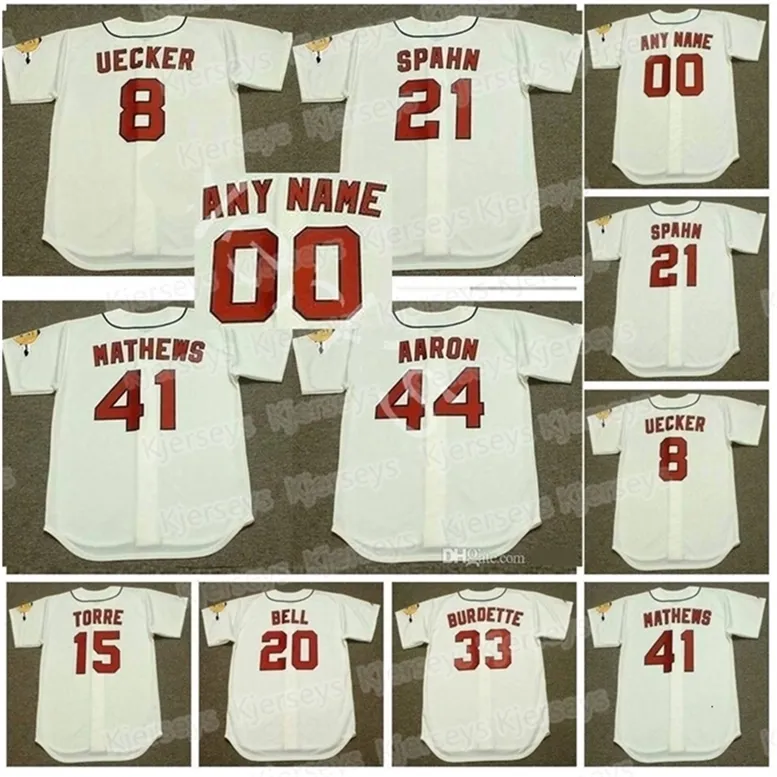 GlaNiK1 Milwaukee Vintage Baseball Jersey 21 WARREN SPAHN 8 BOB UECKER 15 JOE TORRE 1960 20 GUS BELL 33 LEW BURDETTE 41 EDDIE MATHEWS 44 HANK AARO