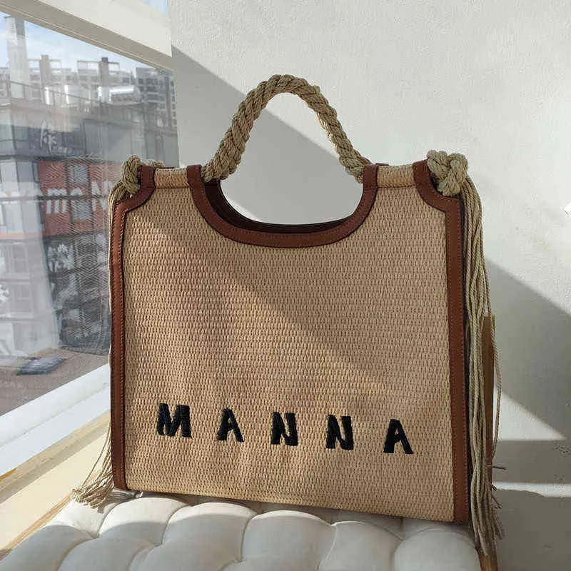 Totes bolsa de palha tecido tecido letra de cânhamo portátil férias de ombro portátil praia de grande capacidade feminino saco 220423