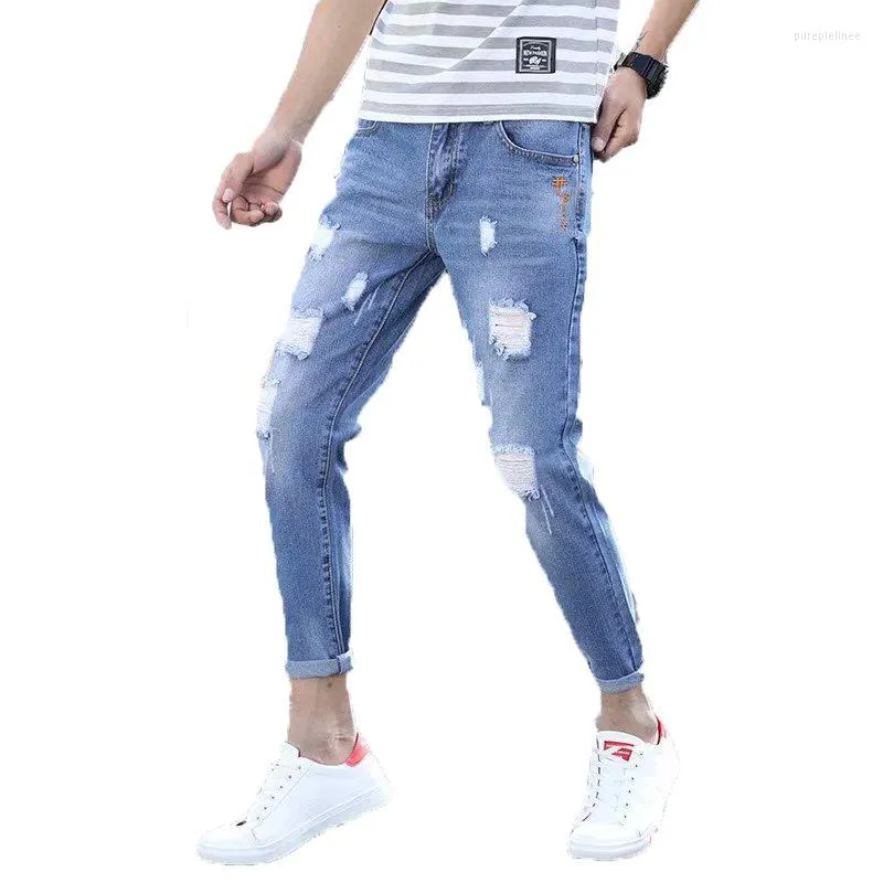 Jeans masculinos Primavera e verão 2022Fashion adolescente Ripped Men Trendy Brand Thin Casual Slimt-Fiting Long Pants For Students Pencil