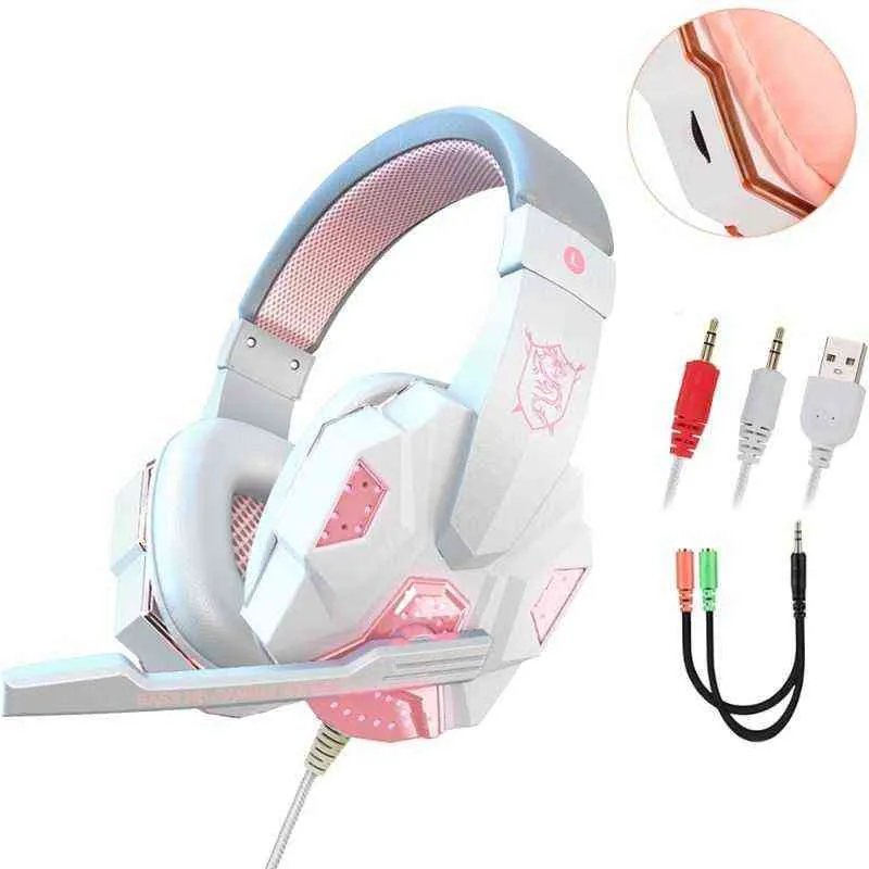 Headsets LED Headset Gamer Girl Wired Headphones With Microphone Noise Cancelling Over Ear Sport Earphones Gaming Headset for Video Game T220916