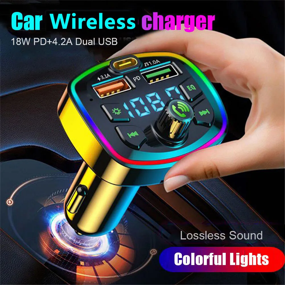 Trasmettitore FM wireless 5.0 per auto PD 18W Type-C Caricatore doppio USB 4.8A Luce atmosferica a 7 colori Lettore MP3 Musica senza perdita di dati