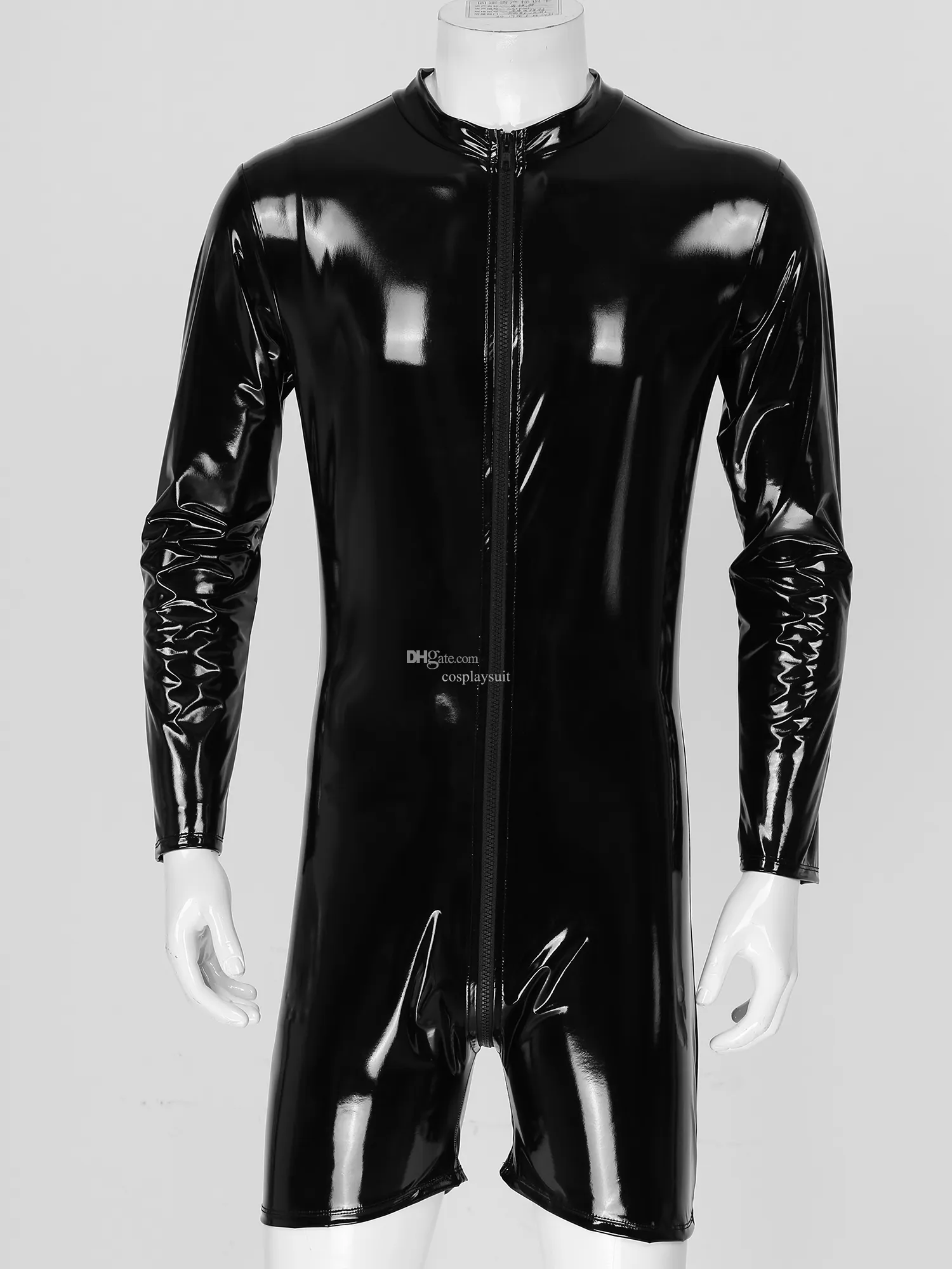 Mens Patent Leather Catsuit With Wet Look And Zipper Closure Long