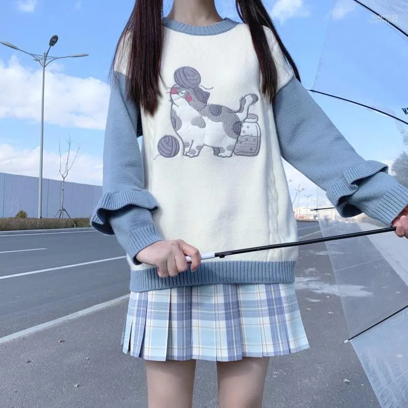 Kadın Sweaters Kadın Sevimli Kedi Genç Kızlar Örme Süveter Kadın Jumper 2022 Kış Japonya Kawaii Vintage fırfır Kore Moda Uzun