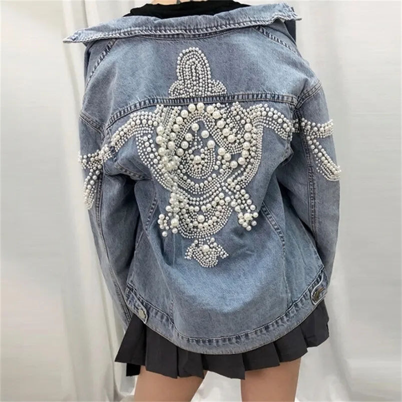 Damesjassen TelleyNn Denim Women Jacket Vintage Meer dan 2.000 Pearl -studs ingelegd losse jas lange mouw herfst bovenkleding vrouwelijk boho 220919