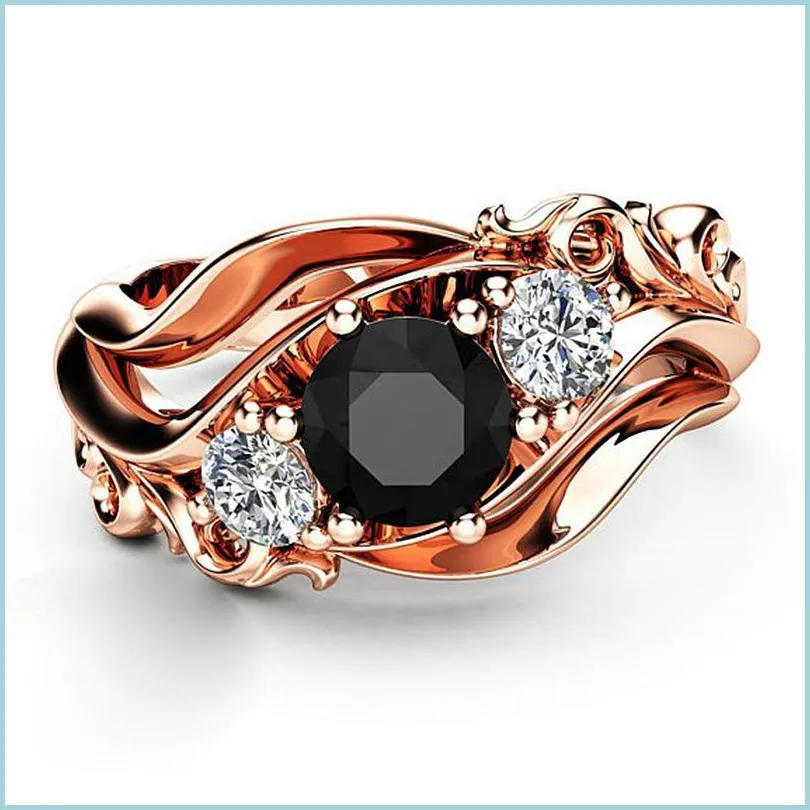 Band Rings Huitan Witch Ring Unique Black Stone Prong Seting Twist Band Design Rose Gold Color Women Engagement Finger Rings Whose DHQ7T