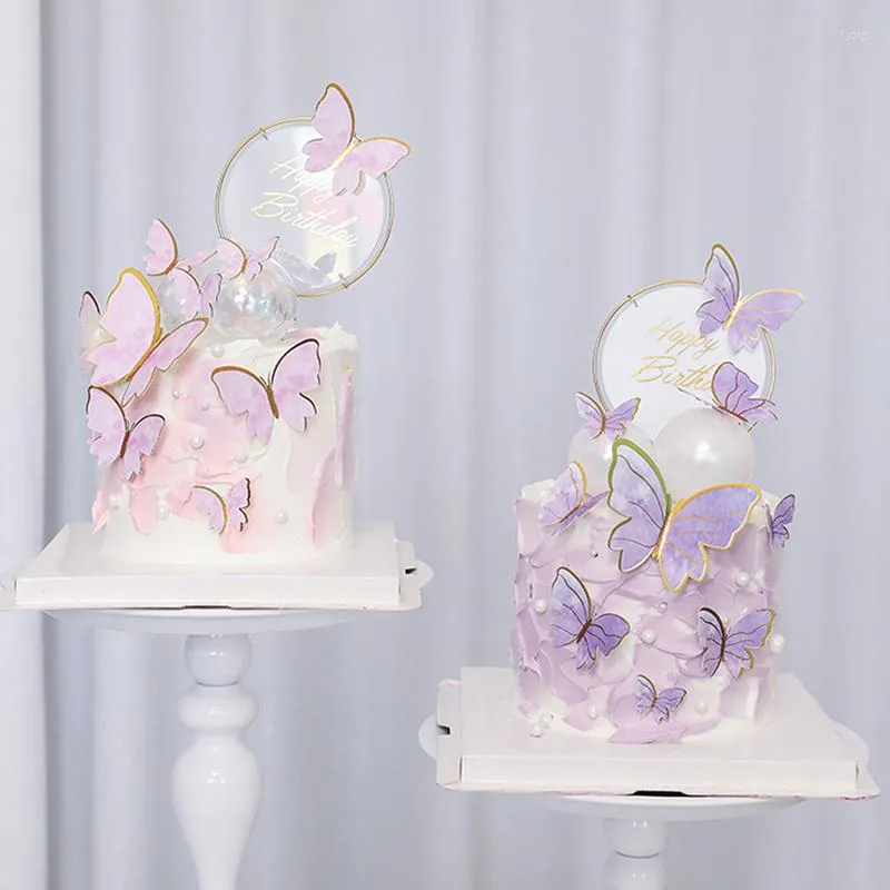 Forniture festive Viola Rosa Farfalla Torta Decorazione Buon Compleanno Topper Dipinto A Mano Per La Festa Nuziale Baby Shower