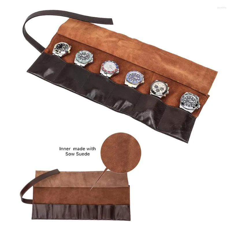 Cajas de reloj Estuche de cuero Rollo de lujo 6 ranuras Caja de cuero de vaca de nubuck de aceite Relojes Bolsa de almacenamiento de exhibición Bolsa de reloj de pulsera de viaje Organizador