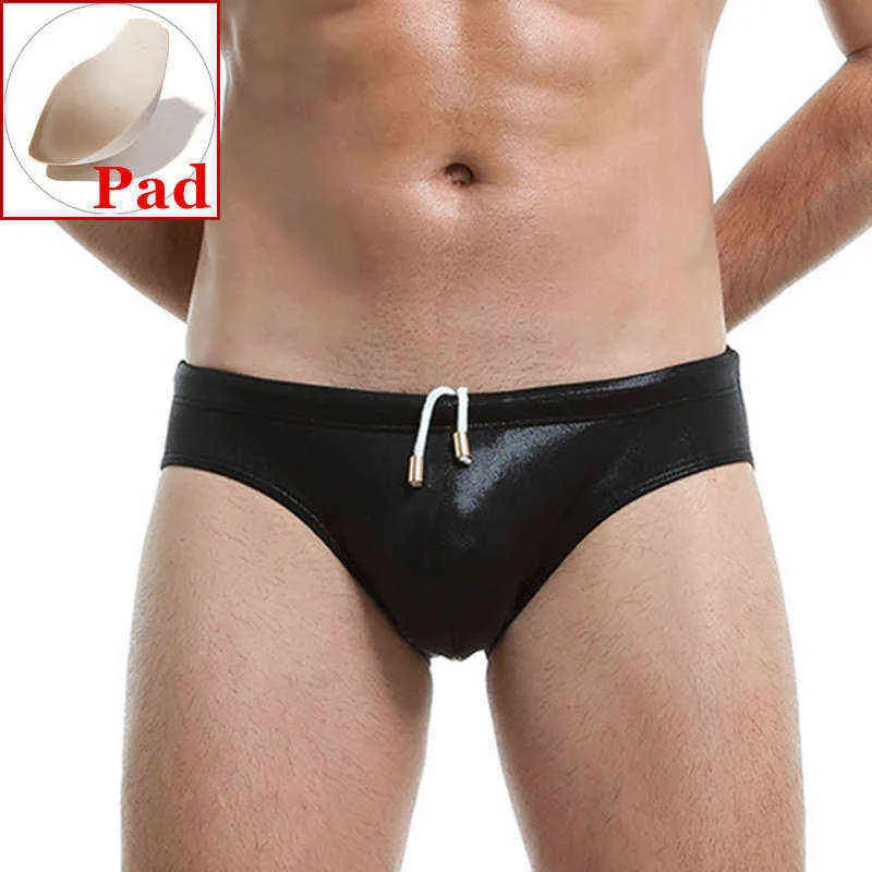 Men's Swimwear Pu Leather Push Up Men Swimming Briefs Sexy Bikini Swimwear Swimming Trunks Gay Swimsuit Man Penis Pad Beach Shorts Desmiit slip 2022 J220913