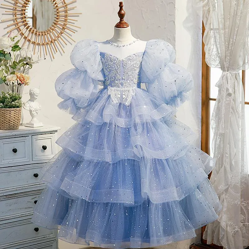 Blue Lace Flower Girl Jurk Bows Children's First Holy Communion Dress Princess Formal Tule Ball Jurk Wedding Party 2-14 jaar