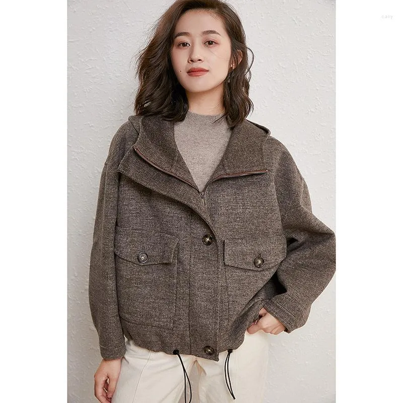 Kvinnans jackor 21 Autumn and Winter Urban Leisure Loose Hooded Kort dubbelsidig tweedjacka Coat Women 20033