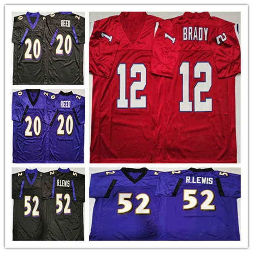 WS American College Football Wear Men Vintage NCAA Football 12 Tom Brady 20 ed Reed 52 Ray Lewis Stitched Black Purple Red Jersey Cheap Whosed