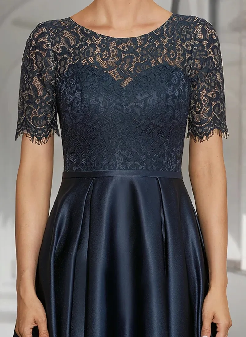 Vintage Dark Navy High Low Mother of the Bride Navy Wedding guest dress with Jewel Lace Satin and Short Sleeves - Perfect for Wedding Guests, Proms,