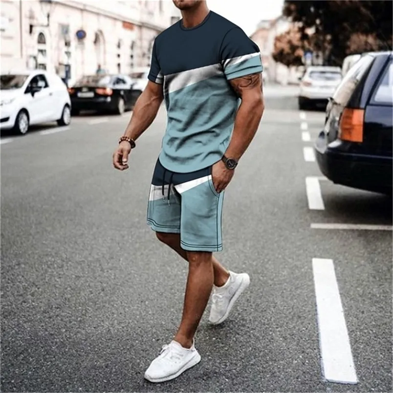 Herrspårar Summer Suit Casual Beach Shorts Sea View 3D Printing Short Ordinary O-Neck T-Shirt 2-Piece Set Oversize 220919